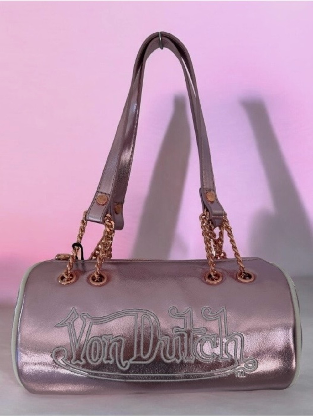 Von Dutch Metallic Pink Cylinder Barrel Shoulder Bag Logo Zip Gold Chain Strap